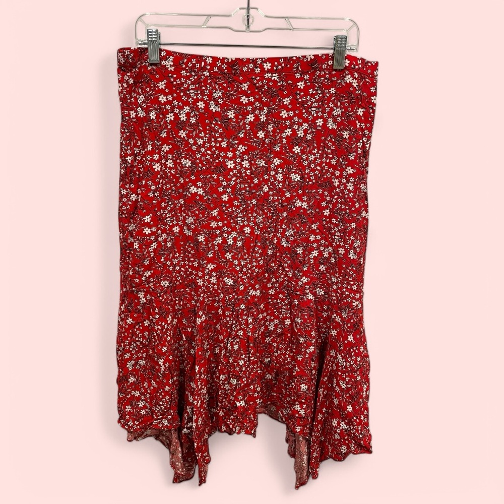 Max Studio red floral pull on asymmetrical hem elastic waist flowy boho midi